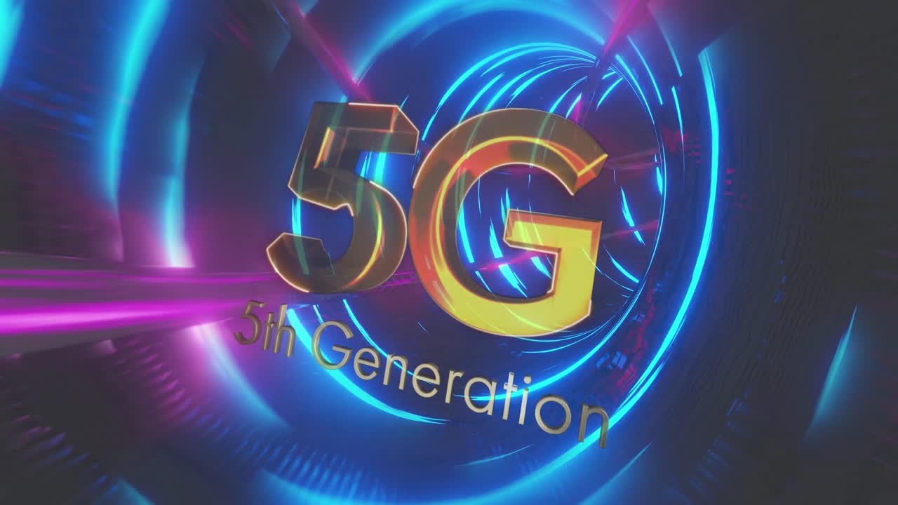 파란색으로 빛나는 움직이는 터널에 대한 5g 텍스트의 디지털 애니메이션