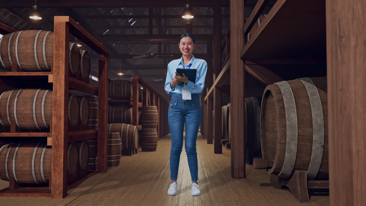 Full Body Of An Asian Female Professional Worker Standing In Cellar Of Winery, Typing On Tablet'S Keyboard And Looking Camera And Smiling