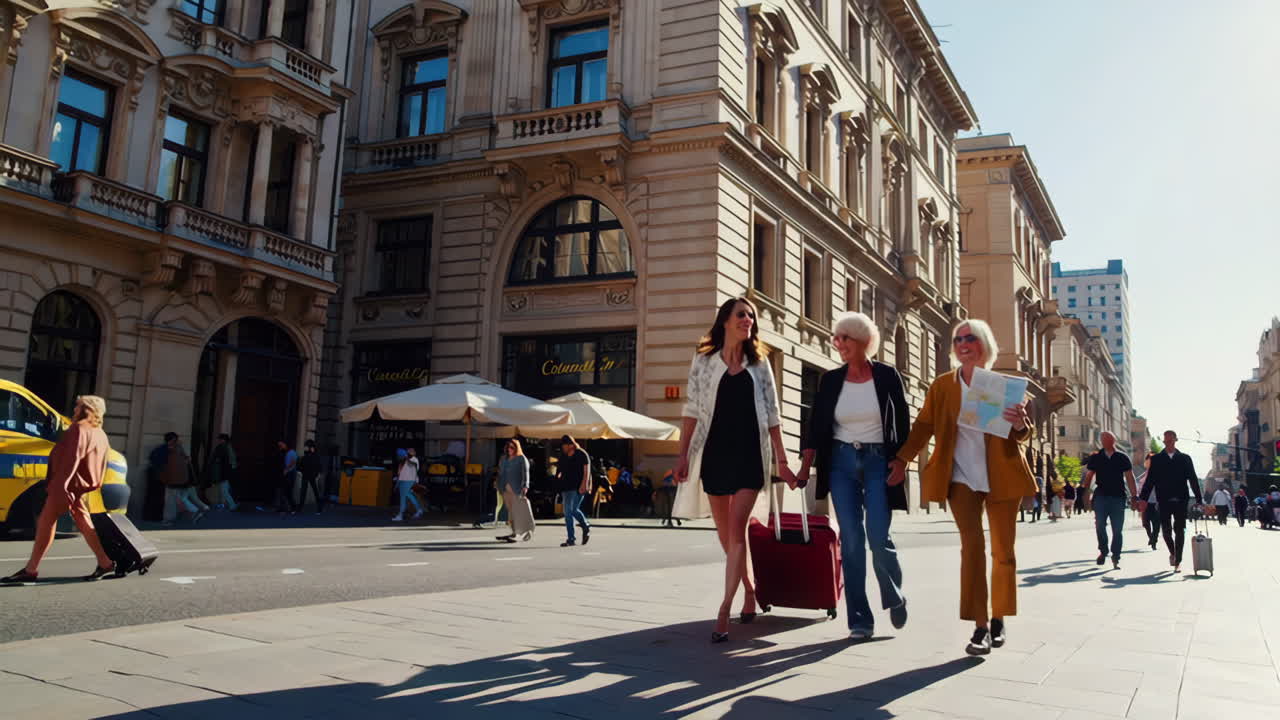 Three Women Traveling Through a European City with Luggage and a Map