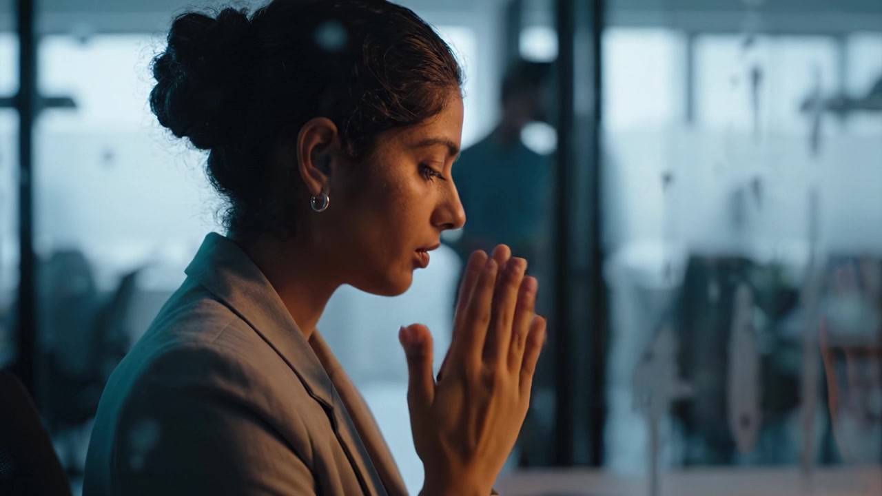 Focused contemplation in a dimly-lit office setting as a professional woman engages in deep thought, illuminated by soft light filtering through the glass walls.