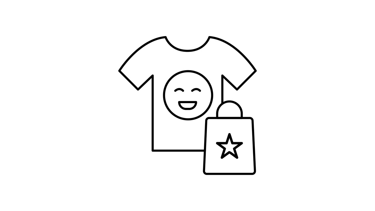 Icona animata in stile line art di maglietta con emoji felice e borsa della spesa
