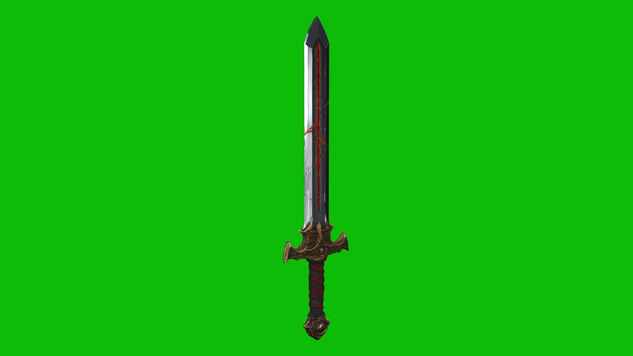 Highly detailed 3D fantasy sword design 01 with an ornate blade, glowing core, rotating 360 degree, isolated on green screen. Ideal for fantasy games, epic projects, and VFX compositing
