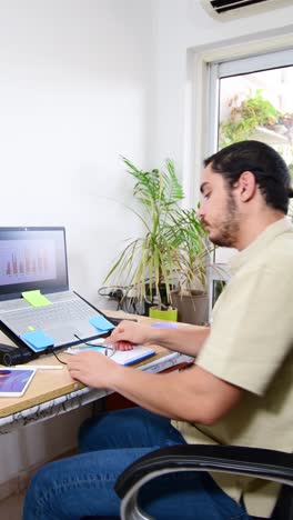 a man is sitting at a desk with a laptop and a tablet