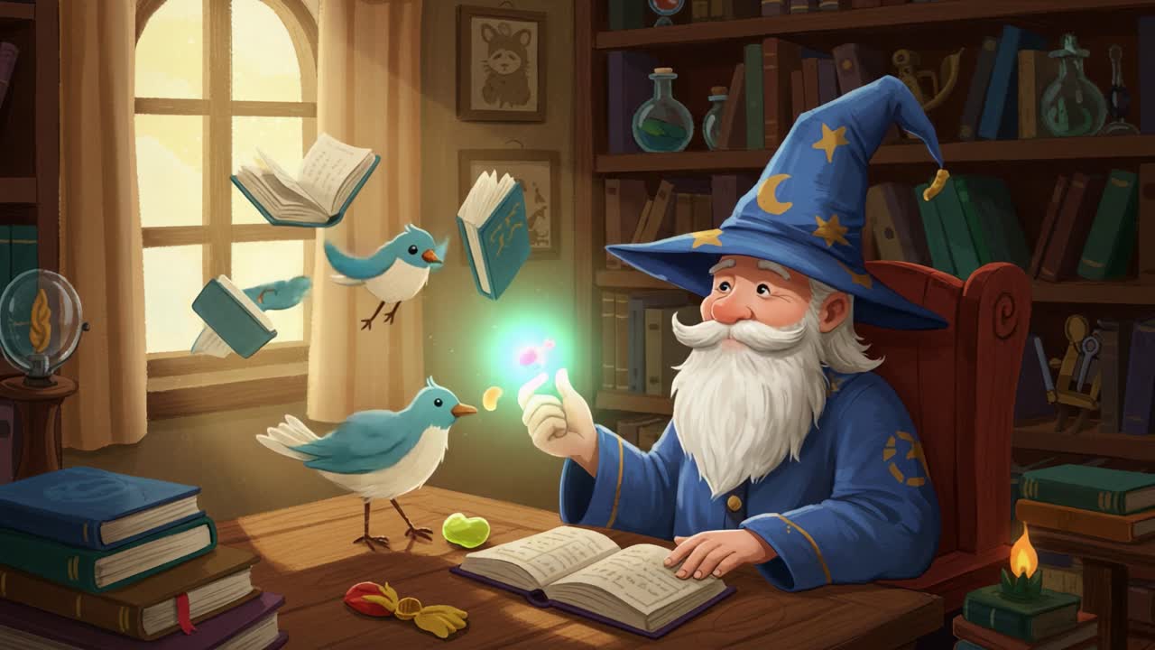 A Magical Wizard Surrounded by Enchanted Books and Charming Birds in a Cozy Library Setting, Creating Wonders with Mystical Vibrations and Colors