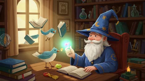 a magical wizard surrounded by enchanted books and charming birds in a cozy library setting, creating wonders with mystical vibrations and colors