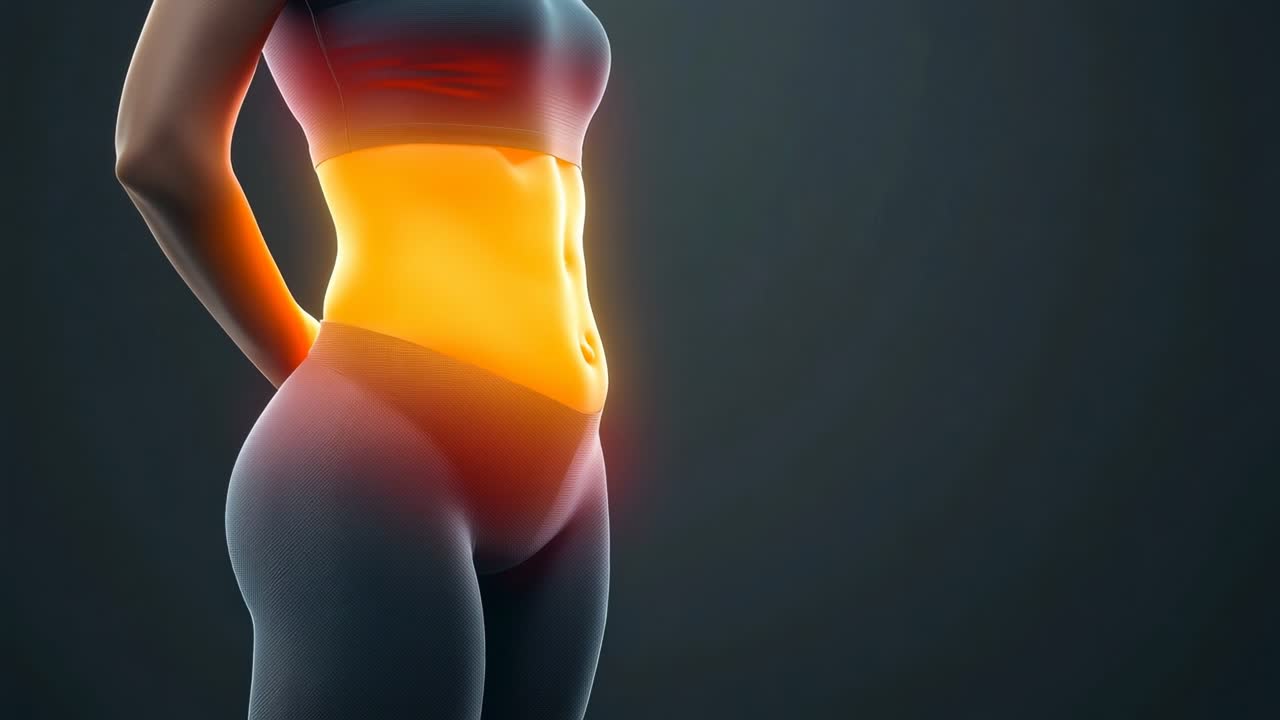 Side view of a woman's torso in a 3D video style, highlighting the abdominal area with a glowing