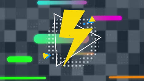 animación de un icono de relámpago sobre múltiples formas coloridas que se mueven