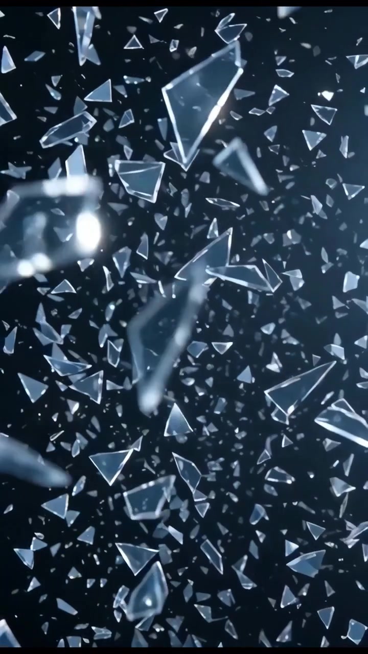 Fragmentos de vidro transparente flutuam sobre um fundo azul-preto profundo com reflexos nítidos, realces frios e uma dramática sensação abstrata de movimento