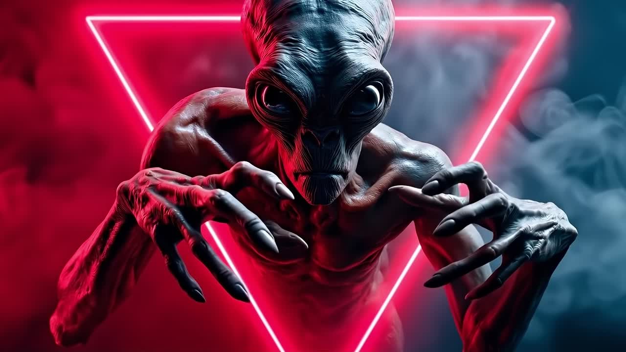 An alien with a red triangle in the background