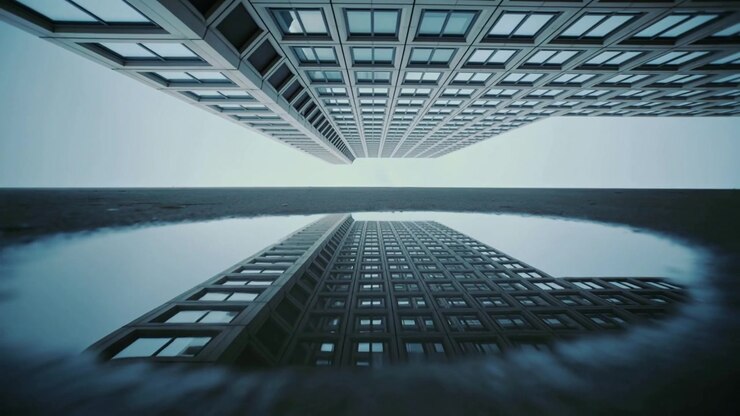 Una onda inicial apareciendo en un charco poco profundo, con un alto edificio de oficinas reflejándose y distorsionando la cuadrícula de ventanas.