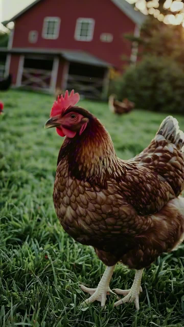 Close-up, low-angle shot of a chicken in a grassy field, creating an immersive farm life video