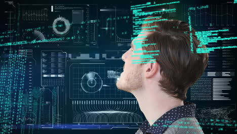 animación del procesamiento de datos sobre el hombre de negocios caucásico en fondo negro.