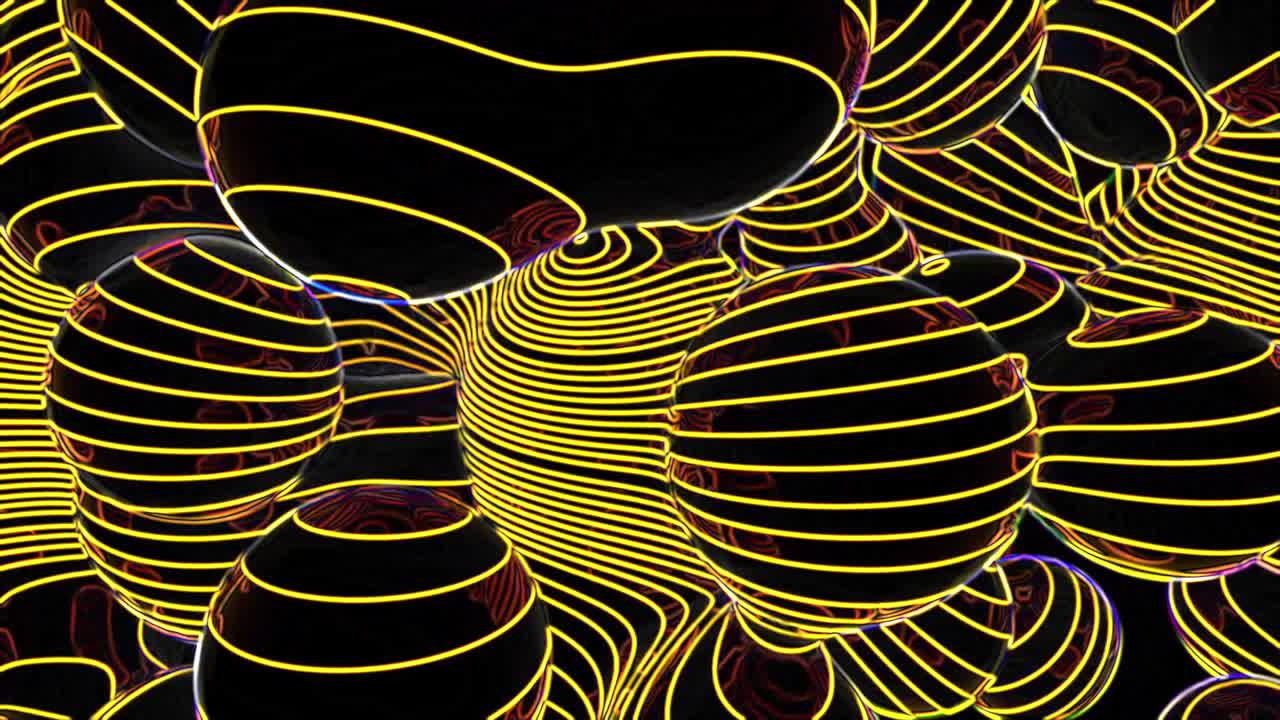 Abstract animation of morphing 3D shapes with glowing yellow lines on black background, hypnotic motion