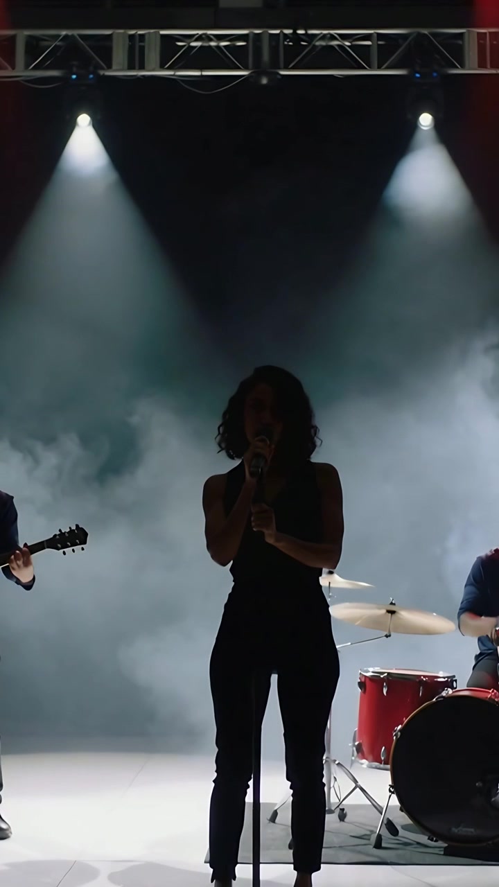 Video verticale: Fari che si accendono, cantante solista in abito scuro che canta sul palco con un microfono, batteria rossa.