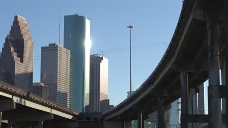 Low-angle-aerial-view-of-downtown-Houston