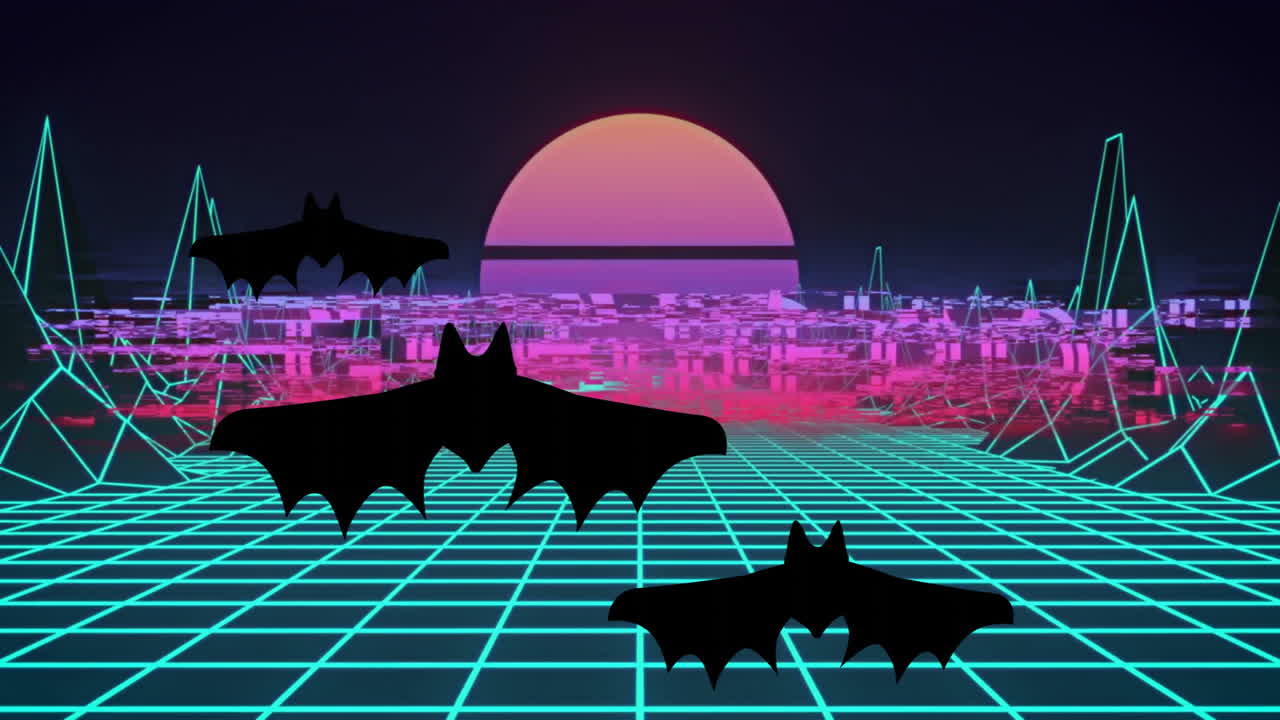 Flying bats over neon grid with retro sunset in animation style
