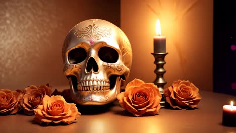 sugar skull with roses and candle