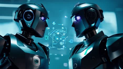 two futuristic robots face each other