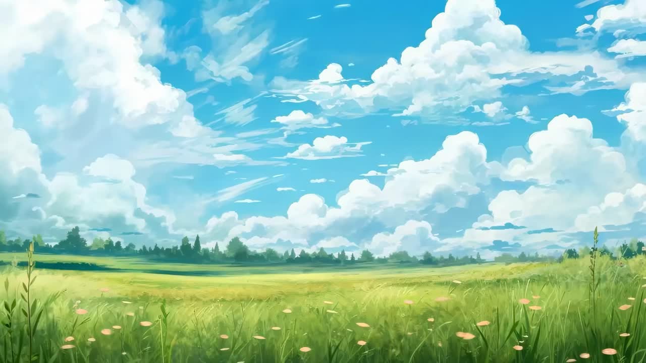 A serene landscape video with a wide-angle view of a lush meadow under a vibrant blue sky, filled