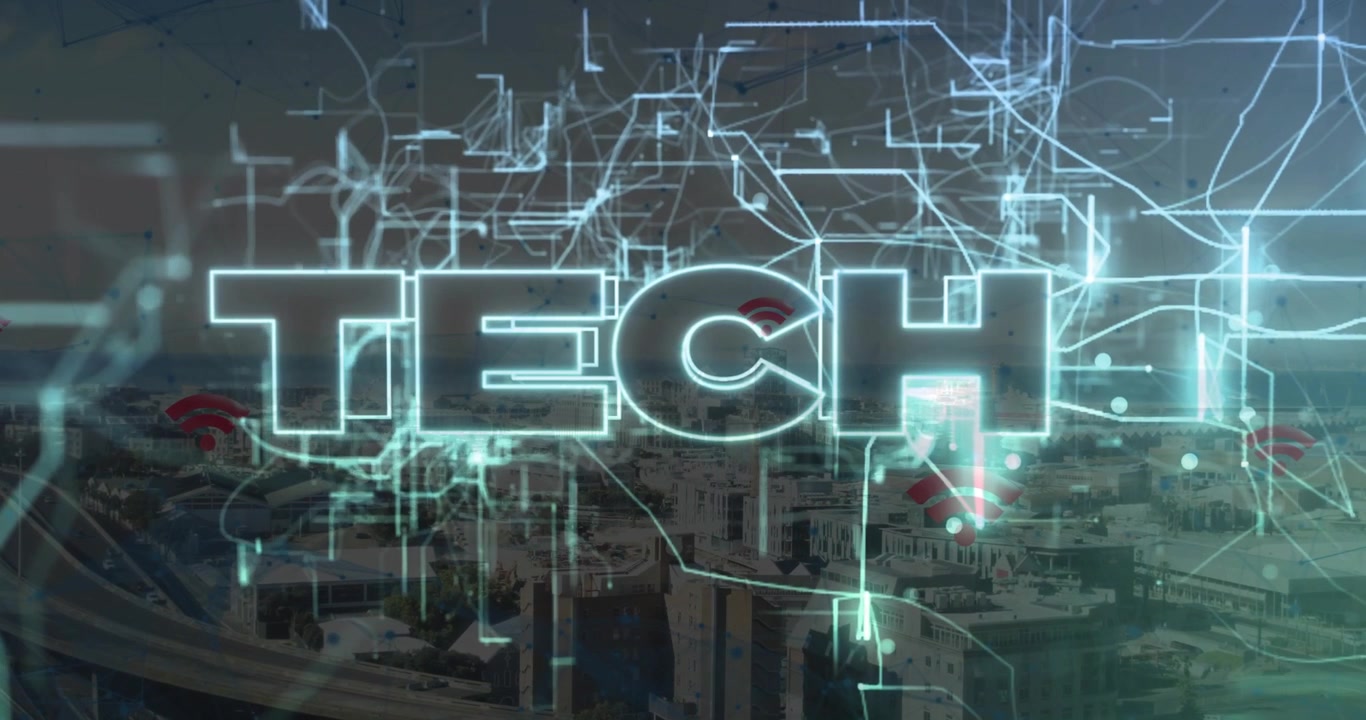 Neon-blue circuitry tracing skyline weaving Wi-Fi nodes converging into TECH text showing network