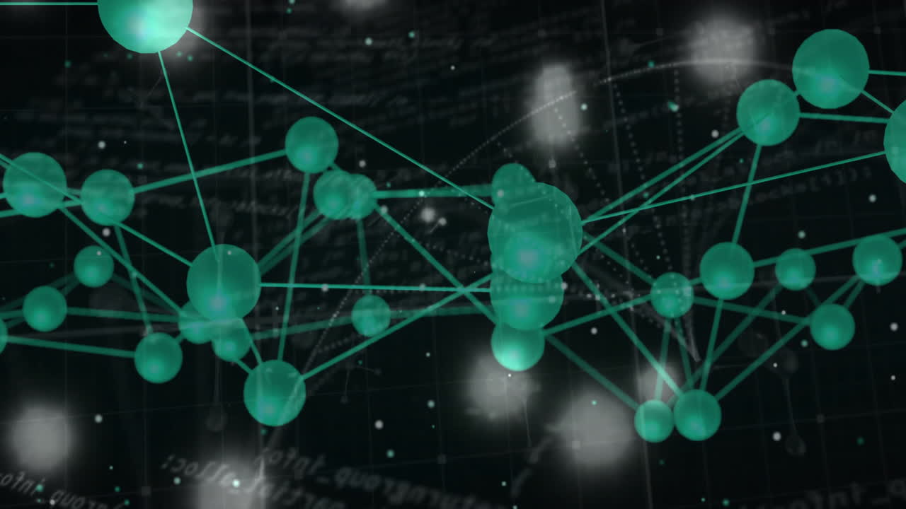 Animation of green molecular structure with connecting lines over data background