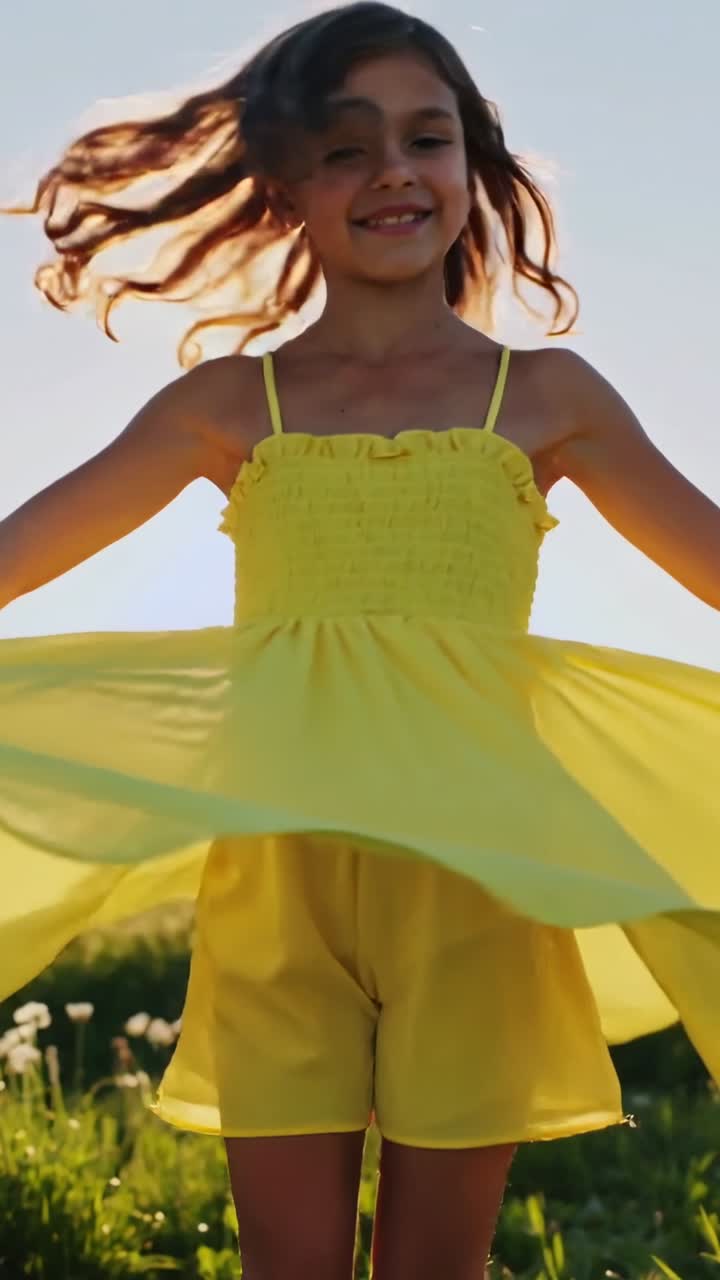 Jovem feliz rodopiando de vestido amarelo em campo ensolarado