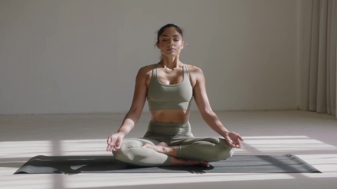 Mulher sentada com roupa de yoga verde meditando em um tapete, abrindo os olhos e sorrindo enquanto a luz da janela muda.