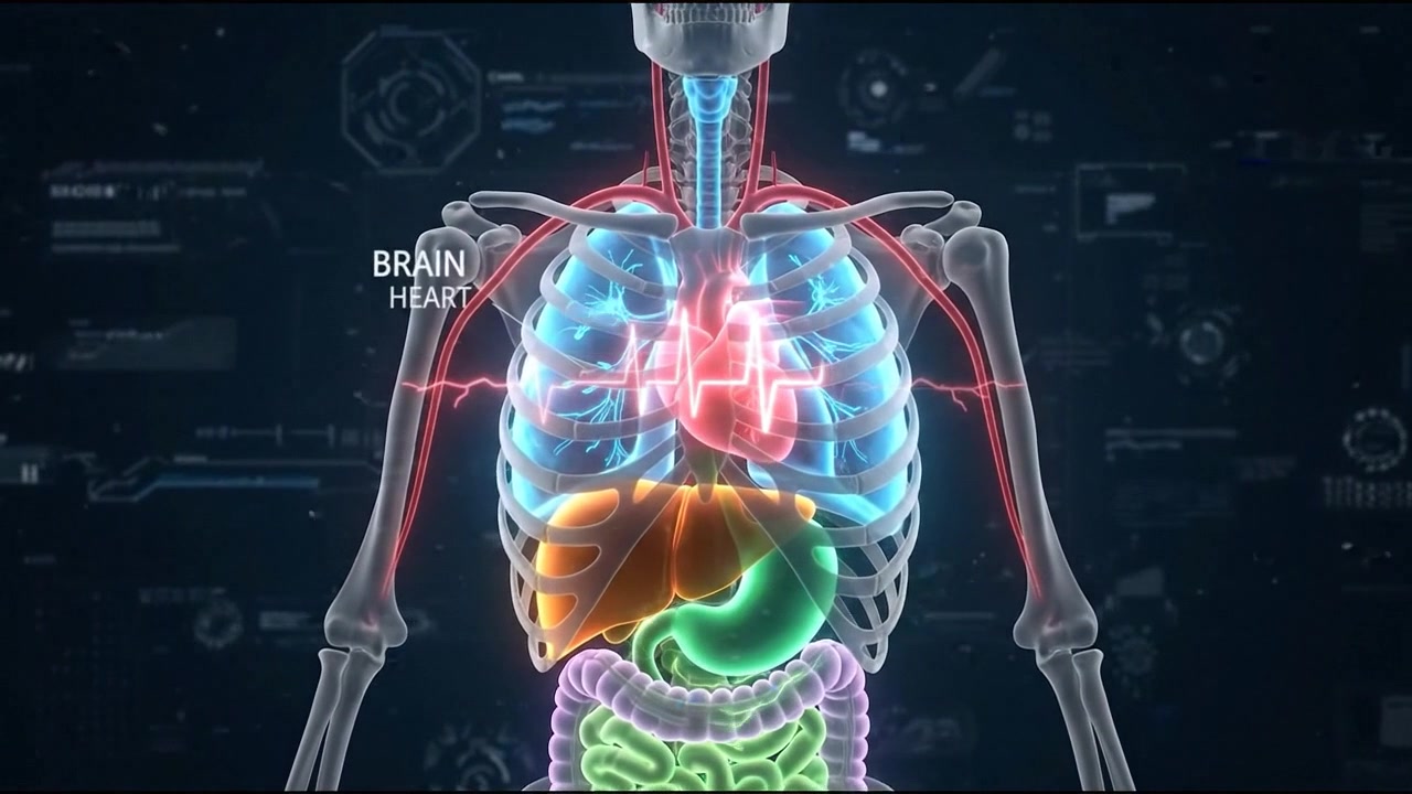 Full human body displaying major internal organs and digestive system on dark background