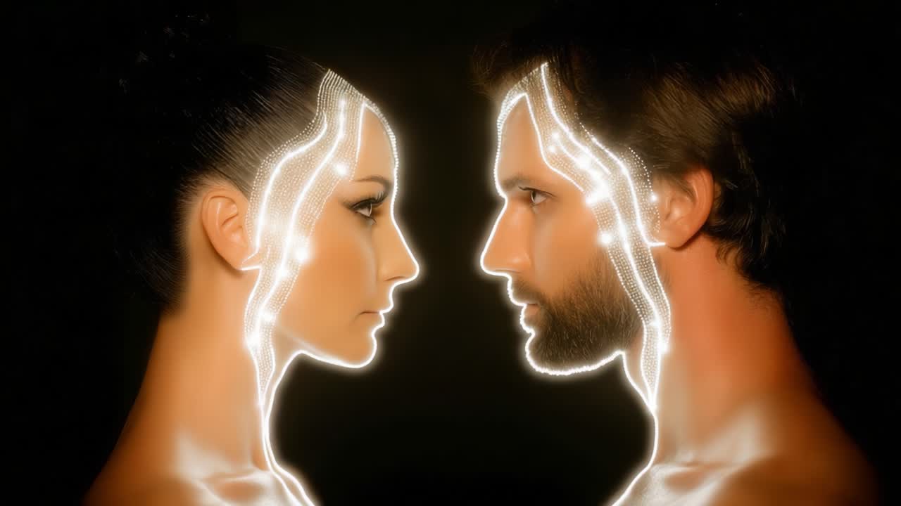 A Stunning Visual Display of Light and Connection: Two Individuals Emanating Energetic Light Patterns Through Illuminated Designs on Their Hair and Faces in a Dark Setting