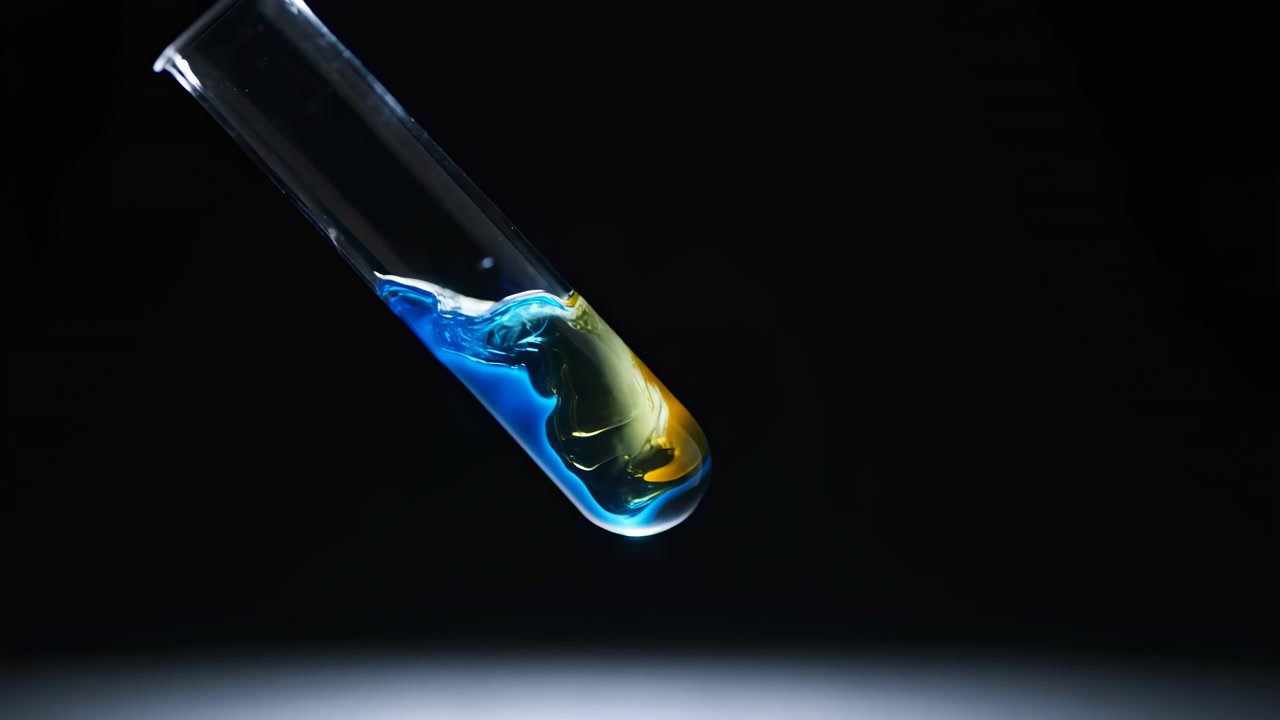 Gros plan d'une éprouvette en verre diagonale sur fond noir profond, montrant des liquides cyan vif et jaune chaud s'enroulant au contact, formant une lueur verte éclatante, une gouttelette nette, des reflets brillants