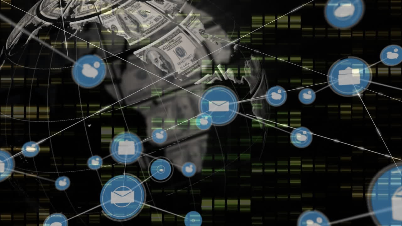 Animation of network of connections with icons over globe and moving columns on black background