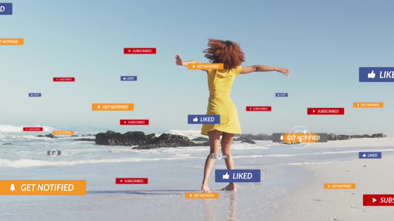 Mulher girando na praia, gerando ícones flutuantes de CURTIR e INSCREVER-SE, impulsionando o engajamento nas redes sociais