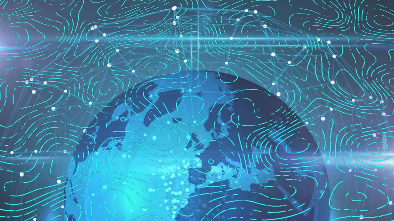 Cyan sweep sparking globe rotating, contour flows rippling, nodes connecting for network view