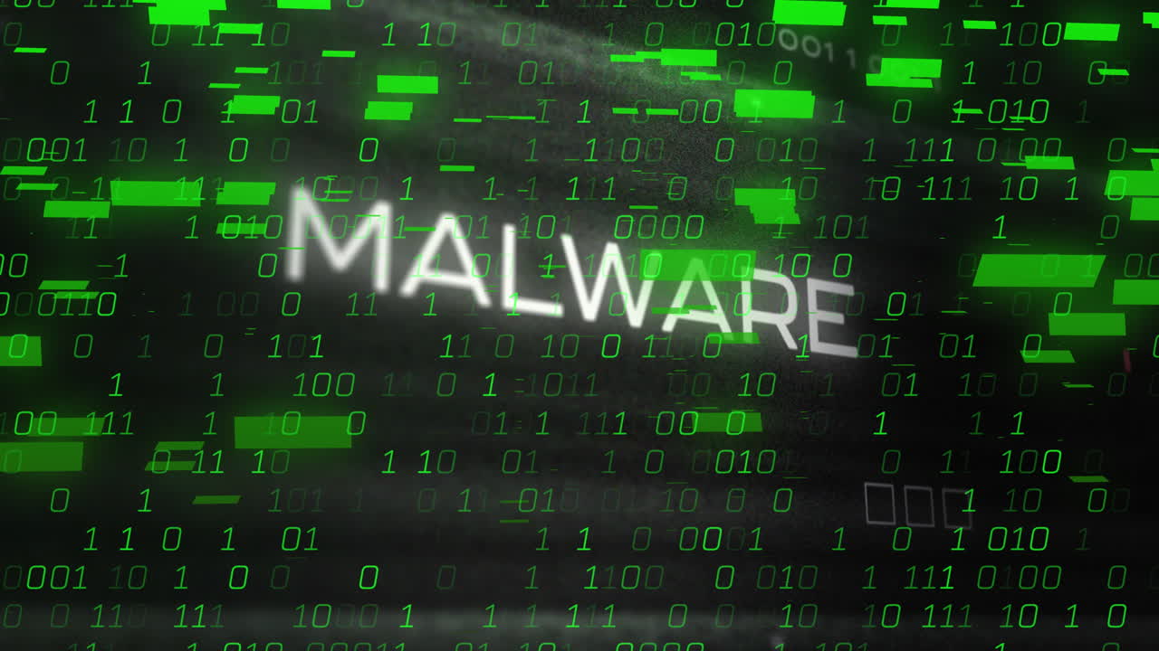 animación de barras y códigos binarios en bucle sobre texto de malware contra un fondo negro