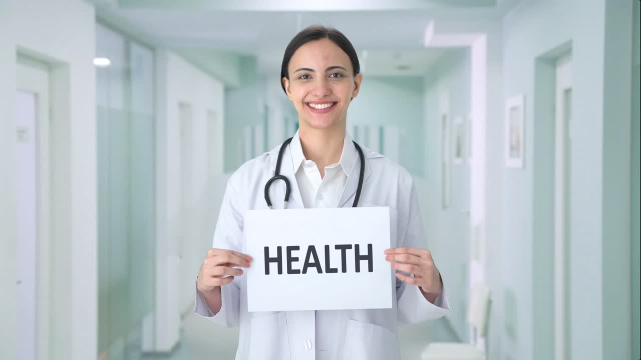 Happy Indian female doctor holding HEALTH banner