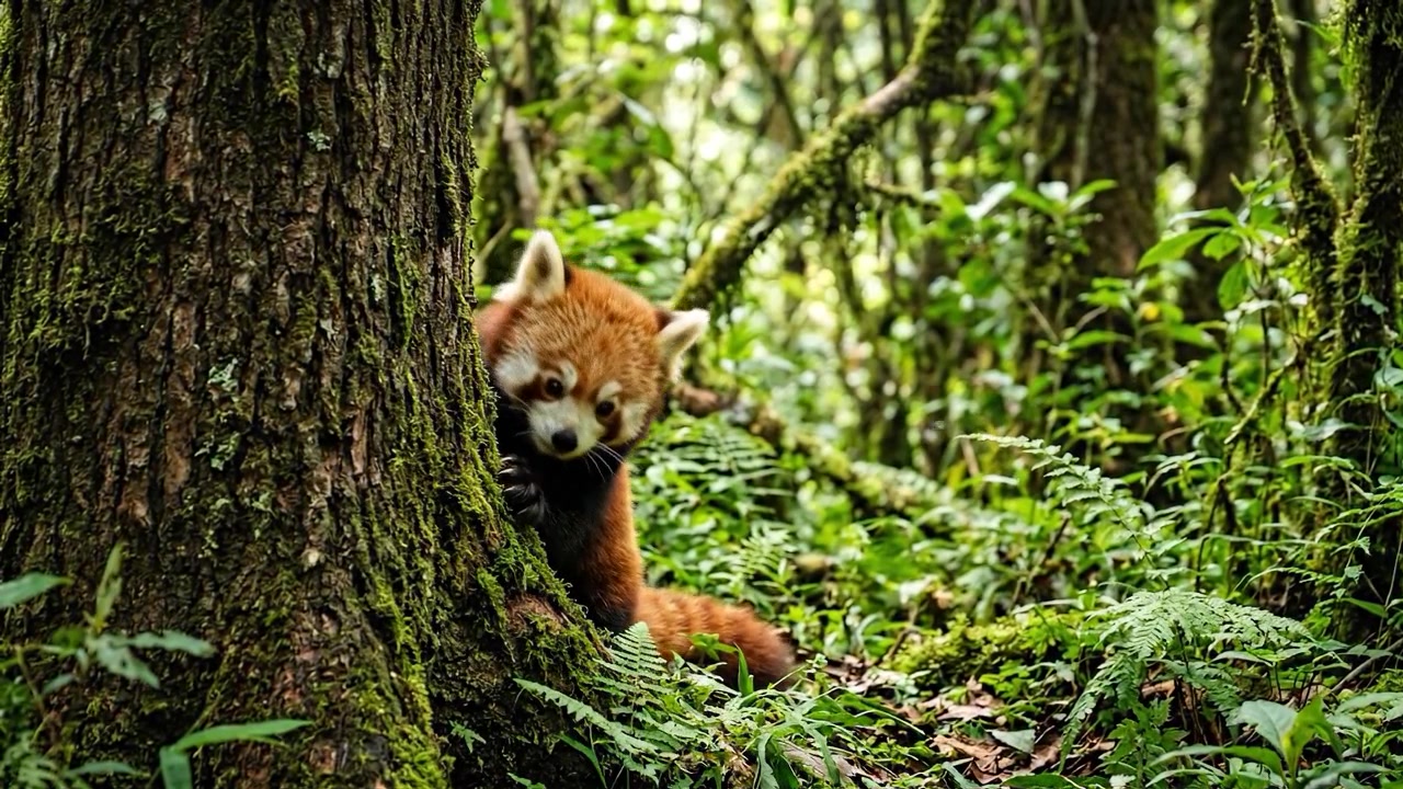 Panda rosso che si arrampica su un albero muschioso in una foresta lussureggiante