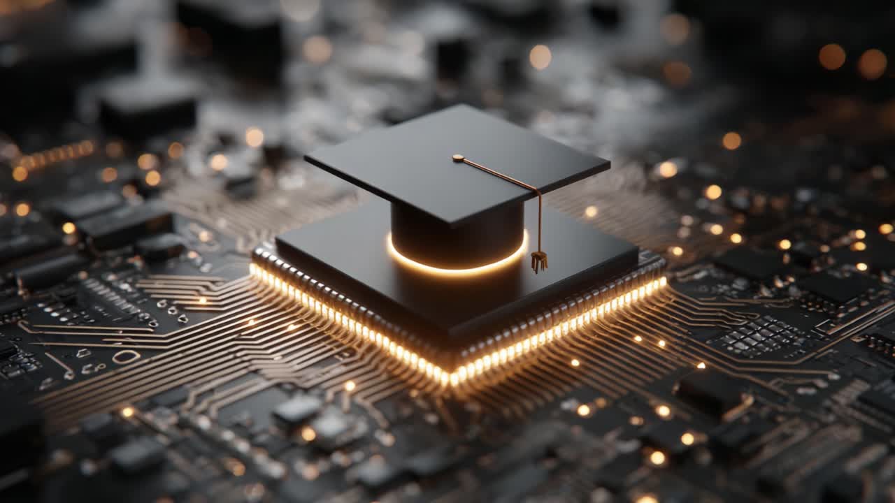 A High-Tech Graduation Cap Overlooking a Computer Circuit Board, Symbolizing the Intersection of Education and Technology in the Digital Age