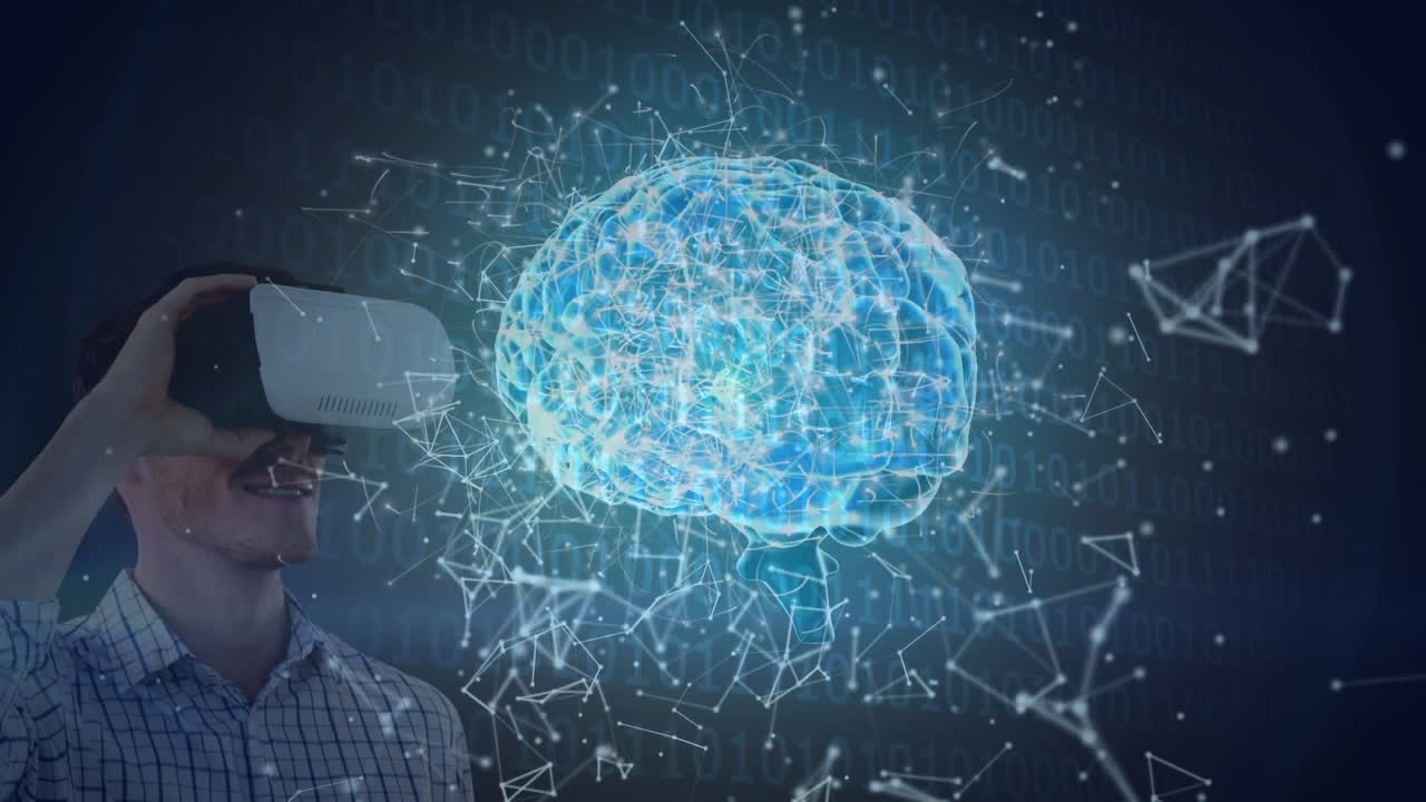 animación del cerebro y la red de conexiones sobre el hombre utilizando auriculares vr