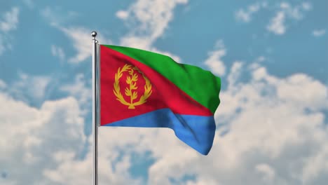 Bandera-De-Eritrea-Ondeando-En-El-Cielo-Azul-Video-Realista-4k