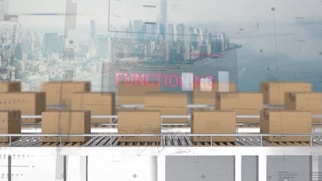 Animation-of-statistics-processing-over-cardboard-boxes-on-conveyor-belts-and-cityscape