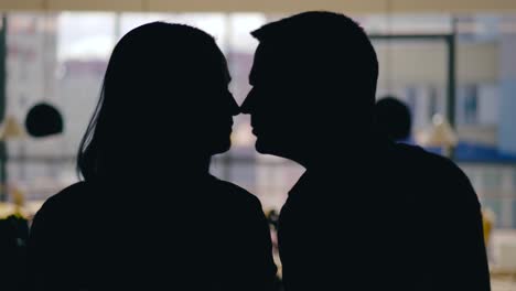 romantic couple are kissing in the cafe at table in the day. motion of silhouettes