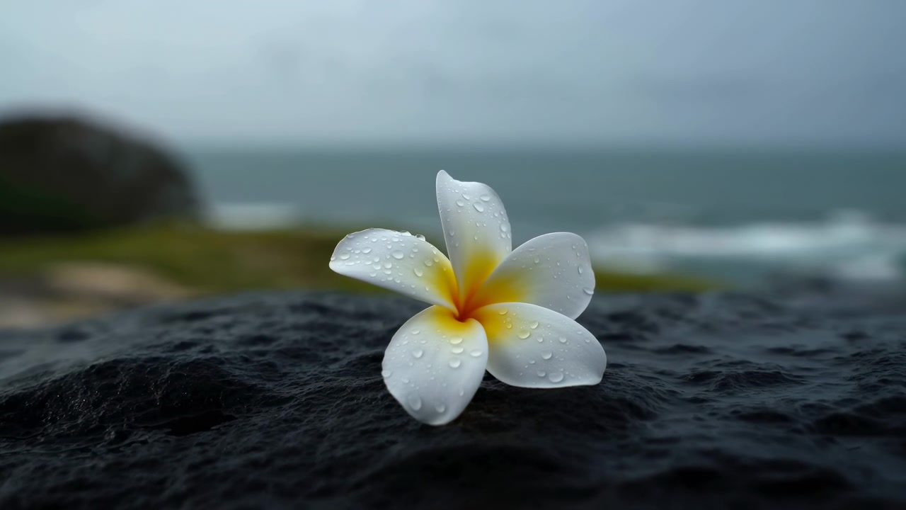 Un singolo fiore di plumeria bianco con centro giallo poggia su una roccia scura bagnata vicino a una costa nuvolosa, i petali coperti da goccioline trasparenti, cielo grigio tenue, texture naturale, atmosfera tropicale calma.