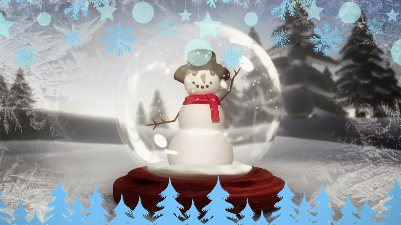 눈공과 겨울 풍경 위에 내리는 눈의 애니메이션
