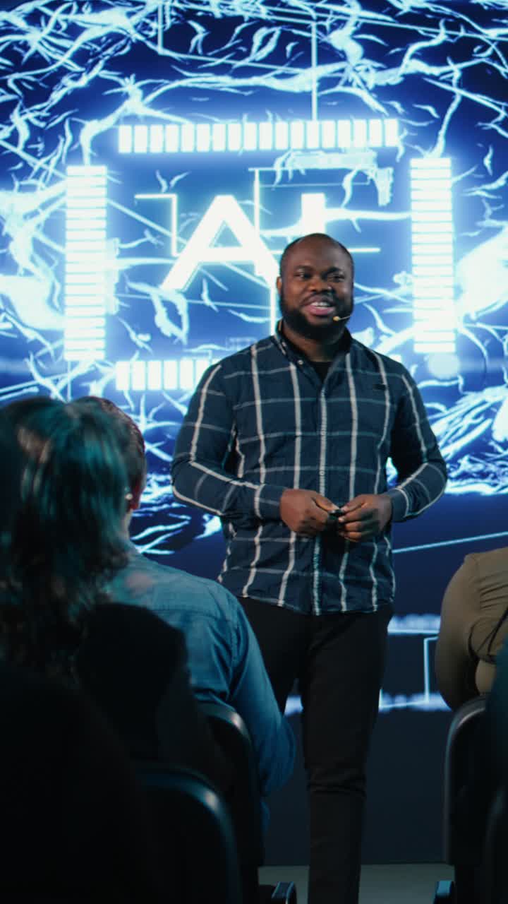 Vertical Video Black CEO speaker leads futuristic AI-driven presentation with ai brain graphics