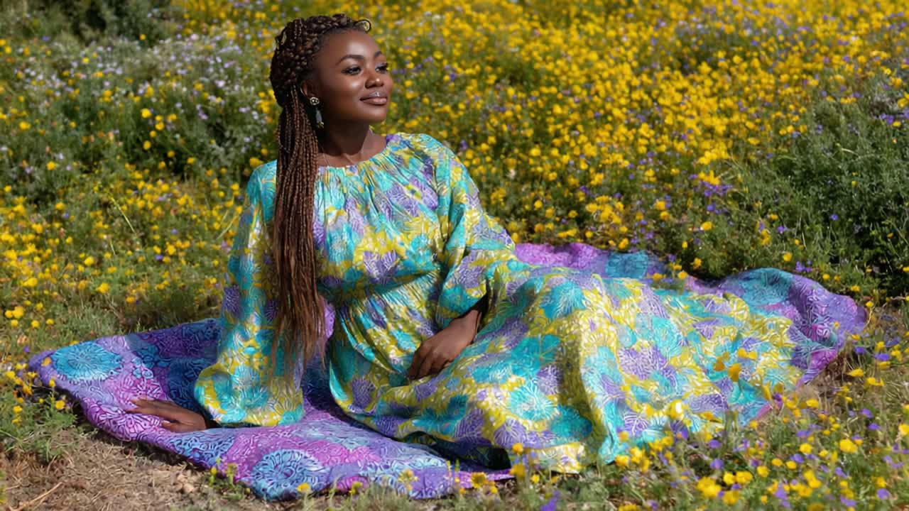 A Graceful Woman in a Vibrant Multi-Colored Dress Relaxing Amidst a Field of Wildflowers, Embracing Nature's Beauty with Confidence and Elegance