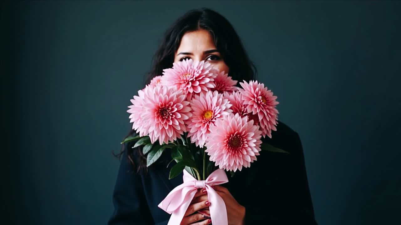 분홍색 꽃의 꽃받침을 들고 있는 여자