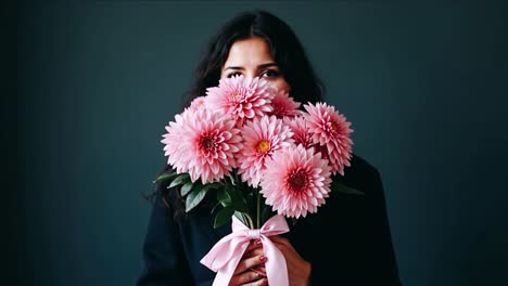 mujer sosteniendo un ramo de flores rosadas