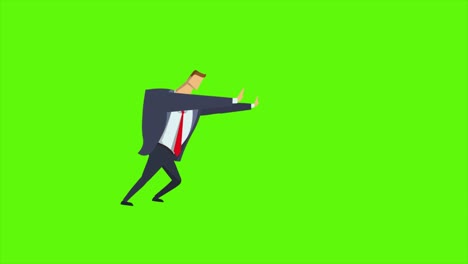 businessman pushing on green screen. animated flat character. seamless loop animation.