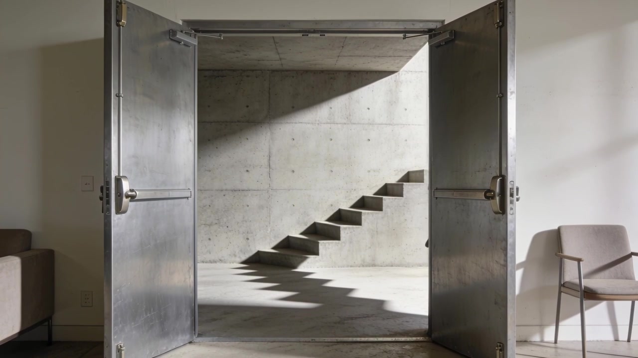 Doppie porte metalliche che rivelano una scala sospesa in una galleria, con la luce solare che sposta un'ombra a zigzag.