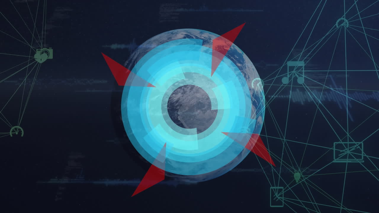 escáneres redondos de neón sobre el globo de una red de iconos digitales que giran contra el globo sobre un fondo azul